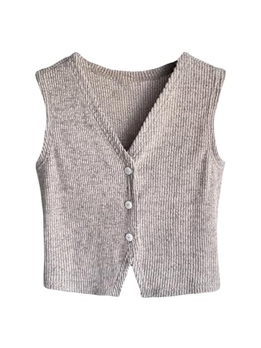 SweatyRocks Girl's Button Up Sweater Vest Sleeveless V Neck Casual Ribbed Knit Tops