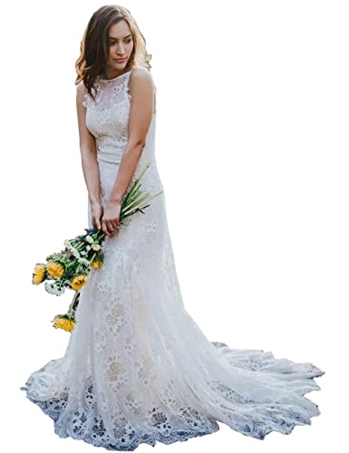 LIPOSA Boho Lace Wedding Dresses for Bride Spaghetti Strap Sweetheart A Line Sleeveless Courthouse Bridal Gowns2