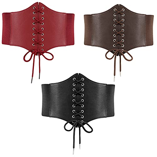 LEACOOLKEY 3 Pack Lace-up Cinch Belts Women Corset Waist Belt Tied Corset Elastic Belt Wide Belt for Women Dress Halloween