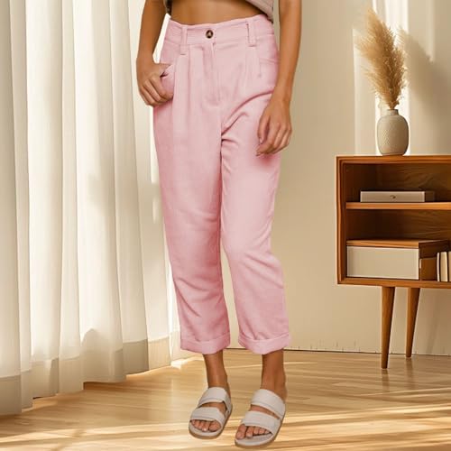 Womens High Waisted Solid Cotton Linen Summer Pants Baggy Straight Leg Trousers Classic Pleated Pocketed Pants3