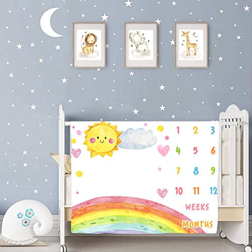 Image of Cartoon Rainbow Baby Monthly Milestone Blanket - 48x40in Sun Cloud Heart Shape Colored Dots for Newborn Shower, Growth Chart Photography