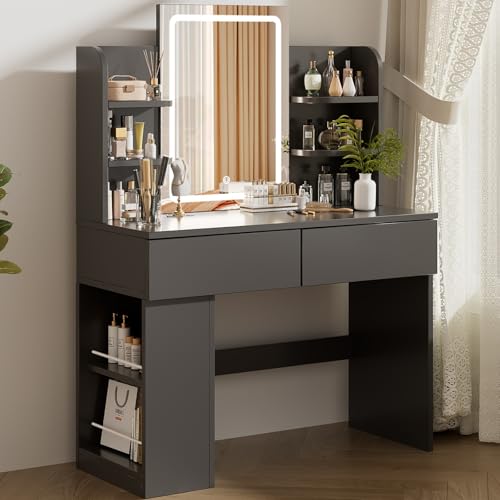 Airfish Coiffeuse avec Miroir et LED, Table de Maquillage avec 3 Étagères et 2 Tiroirs, Coiffeuse avec Grand Tiroir et Armoire, Lumière LED Réglable (Noir)