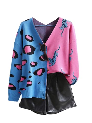 Image of WDIRARA Women's Leopard Tiger Print Cardigan V Neck Long Sleeve Color Block Button Down Sweater Outwear