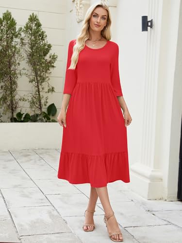 Image of Heymoments Women's Casual 3 /4 Sleeve Midi Dress Crewneck A Line Tiered Flowy Loose Travel Long Dresses with Pockets