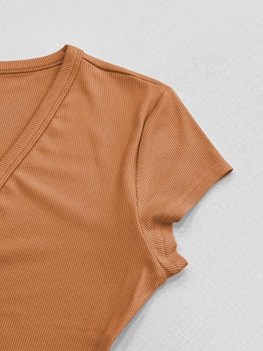 Image of Albe Rita Women Short Sleeve T-Shirt Cap V Neck Shirts for Women Ribbed Casual Top Knit Slim Fit for Summer