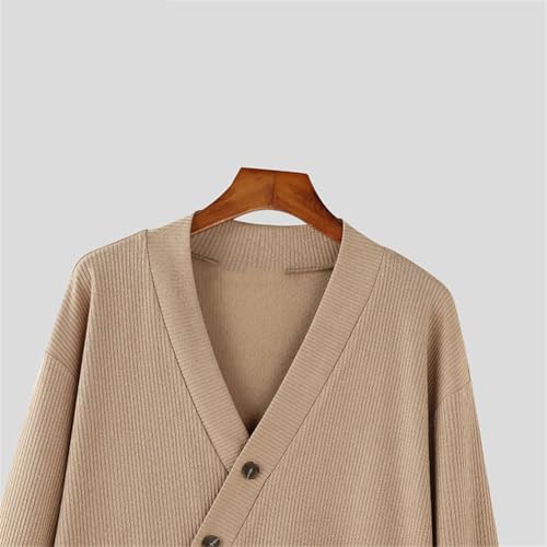 Vsadsau Men Knit Solid Sweater Casual Streetwear Solid V-Neck Long Sleeved Slanted Buttons Sweater3