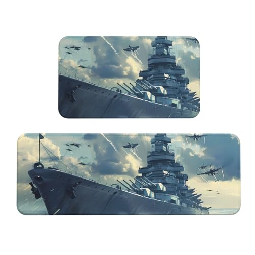 Military USS Enterprise Yorktown-Class Battleship Kitchen Mat 2 Piece Set Kitchen Carpet and Running Shoes Set Household and Office Memory Foam Kitchen Carpet
