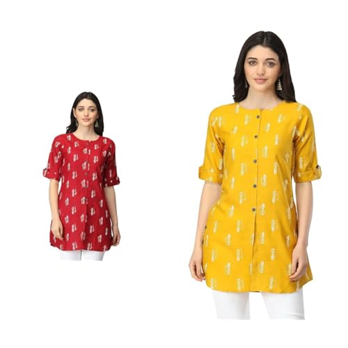 Image of Leriya Fashion Rayon Fabric Printed Round Neck Short Kurtis for Women Top Dresses Kurti for Girls & Ladies Kurtis (Pack of 2)