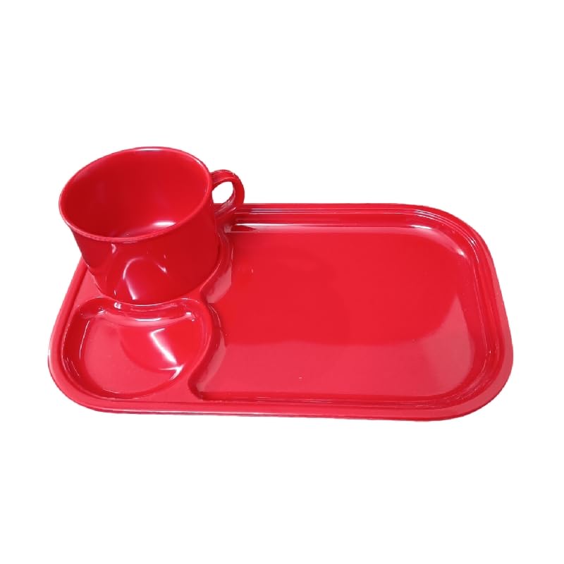 Melamine Tray & Cup Set for Kids - Red | Durable, Food Safe & Minimal Food Eating Tray & Cup Set for Boys & Girls Kids | 2 Pcs Children Tableware | Dishwasher Safe