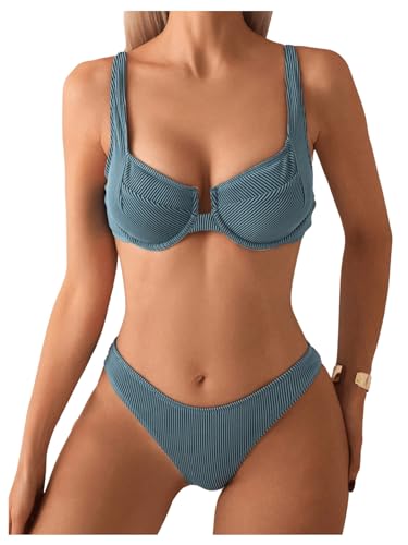 SweatyRocks Women's 2 Piece Bikini Set Striped Print Spaghetti Strap Push Up Swimsuit Dark Green Medium