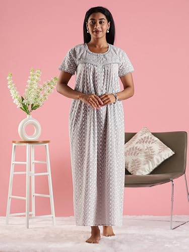 Image of 9shines Label Stylish Chikankari Cotton Nighty Maxi for Women | Full Length Nightgown | Nightdress with Pocket | Embroidery Nighty | Soft Comfortable Cotton Nightwear (1545)