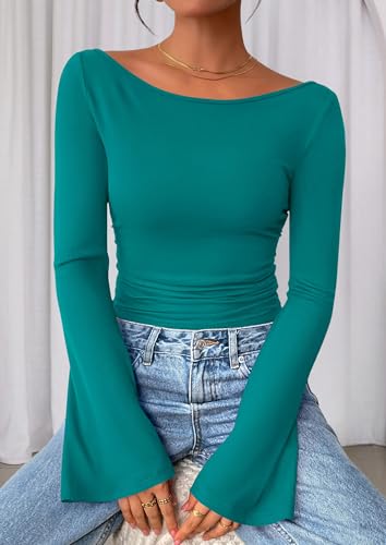 Image of PRETTYGARDEN Women Long Sleeve Shirt 2025 Crop Casual Boat Neck Bell Sleeve Ribbed Ruched Y2K Clothing