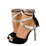 Women's Stiletto Sandals Fringed Snakeskin High Heels Open Toed Ankle Cross Straps Summer Party Dress High Heels Apricot Size 7.5