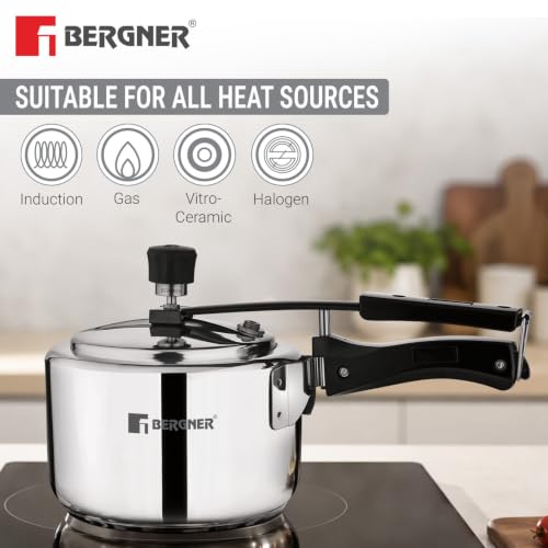 Image of Bergner Aragon Inner Lid Stainless Steel Pressure Cooker 3 Litres, Triply Bottom Design, Non-Toxic Safety Valve, Ergonomic Handle, Mirror Finish, Easy to Use and Clean - Induction and Gas Stove Ready