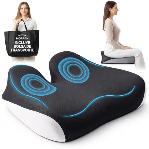 MORPAN Cojin coxis, viscoelastico y ergonomico, cojin Silla Oficina con Funda Lavable y Transpirable, Base Antideslizante y de Regalo QR con videoguias + Bolsa Transporte.Sientate Comodo Cada Dia