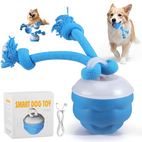 The Chase Buddy Dog Boredom Stimulating Toy 2025 Smart Pet Puppy Ball with Ropes Interactive Self Play Moving Dogs Balls Automatic Electric Active Rolling Ball Jumping Bouncing Dog Balls Gift (Blue)