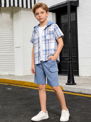 Image of Boys Clothes Shorts Sets Plaid Short Sleeve Hooded Button Shirt and Jogger Shorts for Kids Summer Outfits