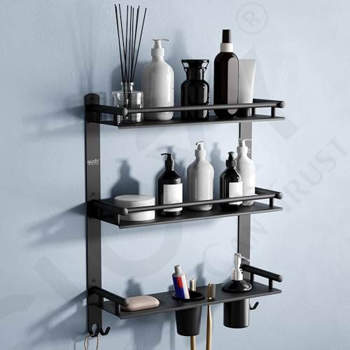 Image of GLOXY Premium Stainless Steel Bathroom Shelf with Soap Holder, Toothpaste Holder & Liquid Soap Dispenser Wall Mounted - 4 in 1 Bathroom Toiletry Organizer Set for Home, Office, Hotels & Restaurants