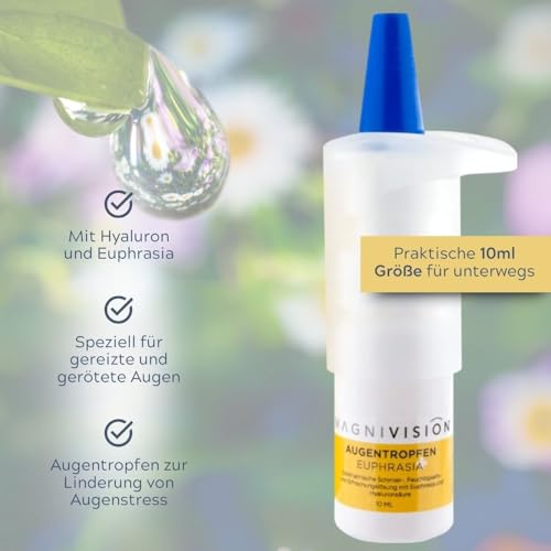 MAGNIVISION Augentropfen Euphrasia+ 10 ml, Augentropfen gegen trockene und rote Augen, Augenpflege mit Hyaluron und Euphrasia, boratfrei und ohne Konservierungsstoffe, Made in Europe