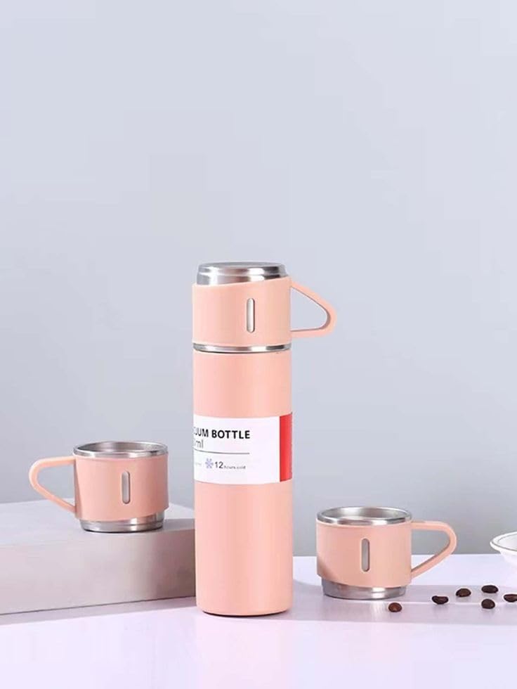 Image of Double Wall Stainless Steel Thermo 500ml Vacuum Insulated Bottle Water Flask Gift Set with Two Cups Hot & Cold Diwali Gifts for Employees Corporate Gift Items (Peach*)(Multi Colour)