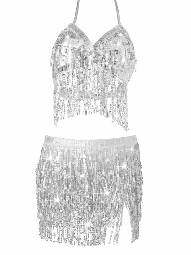 Zoestar Sequin Belly Dance Outfits Sparkly Rave Costume Skirts Tassel Sequin Bra Top Skirt for Women, Silver, One size
