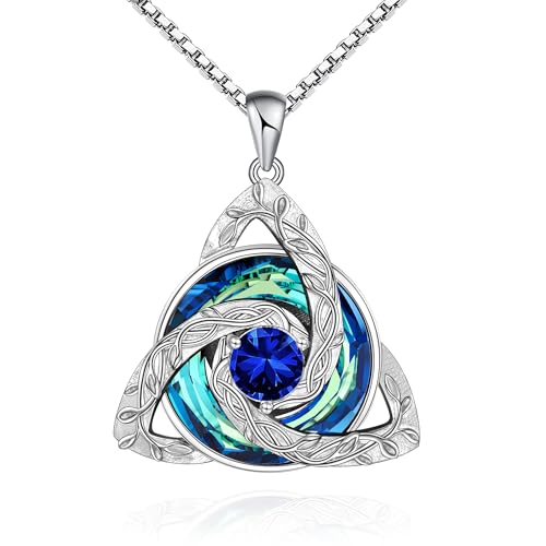 Distance Celtic Birthstone Necklace for Women, S925 Sterling Silver Trinity Knot Triquetra Austria Crystal Pendant, Birthstone Necklace Birthday Anniversary Jewelry Irish Scottish Gifts for Her