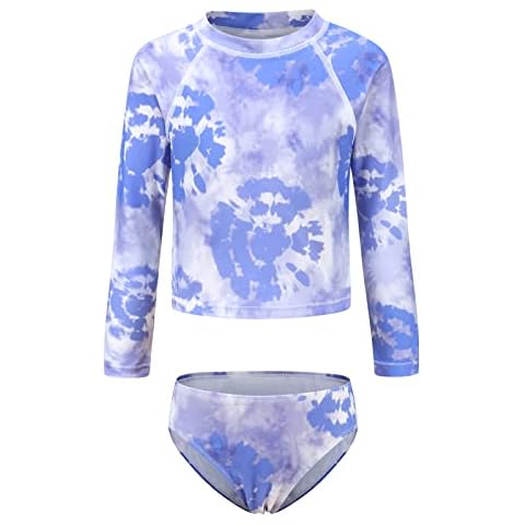 Zestonie Big Girls Two Piece Rash Guard Swimsuits Set Long Sleeve Tie Dye Bathing Suit for Kids Hawaiian Swimwear Set Purple Size 10/8-10 Years Cover