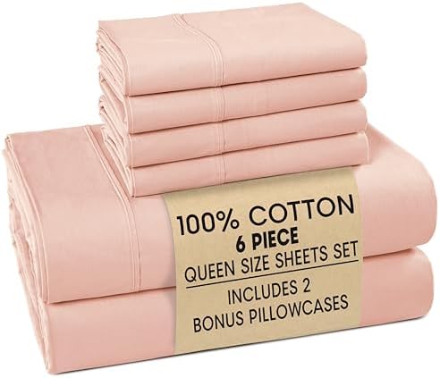 Casa Platino 100% Cotton Queen Size Sheets Set – 6 Piece Crisp Percale Queen Size Cooling Sheets, Lightweight for Summer, with 15" Deep Pocket Fitted Sheet Nightly Comfort & Airy Sleep – Veiled Rose - Thumbnail 2