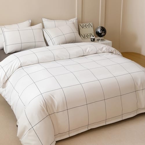 Image of KAREVER White Grid Comforter Queen Women Navy Blue Square Lines Checkered Bedding Set Queen White Plaid Comforter Queen Size