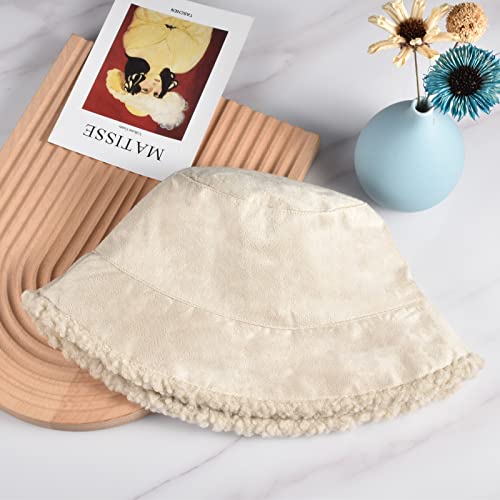 Yonchic Reversible Faux Fur Bucket Hats, Winter Plush Fuzzy Fall Warm Bucket Hat Fisherman Cap, Outdoor Thick Warm Fishing Hat, Double-Side-Wear Sun Cap (Beige) #TOP5