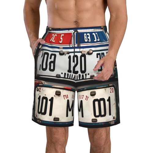 Men's Beach Shorts Swim TrunksFun Patterns Old License Plate Print for Surfing Running Summer Vacation