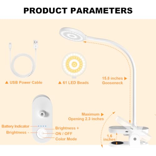 ZAPLIT 61 LED Akku Leselampe Bett –【3 Farbmodi & 10 Helligkeiten】 2000mAh Klemmlampe mit USB-C, 40cm Flexibler Schwanenhals, Buchlampe… – Ansicht 9