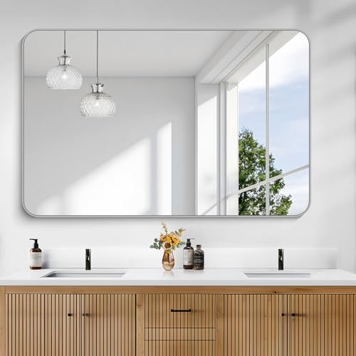 Image of KOCUUY Silver Bathroom Mirror, 55x36 Inch Large Bathroom Mirror for Over Sink, HD Tempered Glass, Anti-Rust Brushed Silver Frame, Rounded Corner Modern Design for Bathroom, Hang Horizontal /Vertical