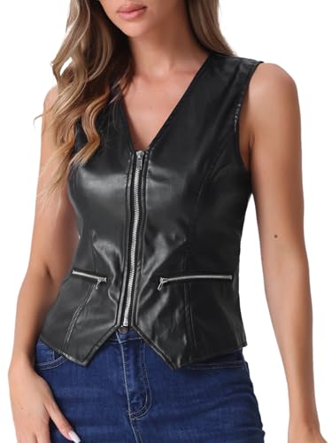 Allegra K Women's Faux Leather Waistcoat V Neck Sleeveless Zipper Motorcycle Biker Vintage Vest Jacket