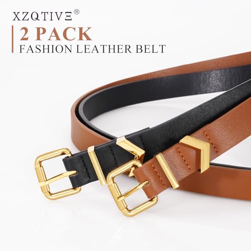 XZQTIVE 2 Pack Women's Skinny Leather Belts for Jeans Pants Dress Ladies Thin waist belt with Gold Buckle2