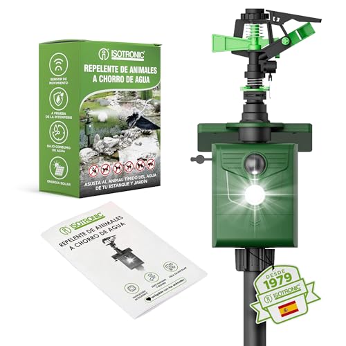ISOTRONIC Ahuyentador de animales con chorro de agua y luz solar | Repelente solar para perros y gatos | Ahuyentador de garzas para jardín | detector de movimiento I alcance ajustable I Repelente de