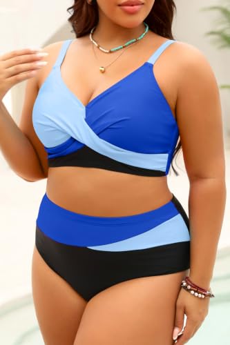 Image of Tempt Me Plus Size High Waisted Two Piece Swimsuit Color Block Bikini Set