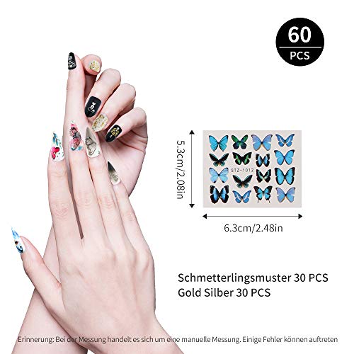 Nagelsticker 60 Blatt Wassertransfer Nagelsticker Selbstklebend Nail Sticker mit Schmetterling Mustermischung für DIY… – Bild 7