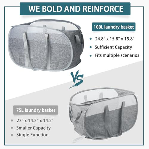 Image of 100L Collapsible Laundry Baskets, Tear Proof Pop Up Laundry Hamper with Dual Handles, Large Foldable Laundry Basket, Easy to Carry Laundry Hamper for Home, Laundry Room, Bedroom, Dorm, Travel Grey