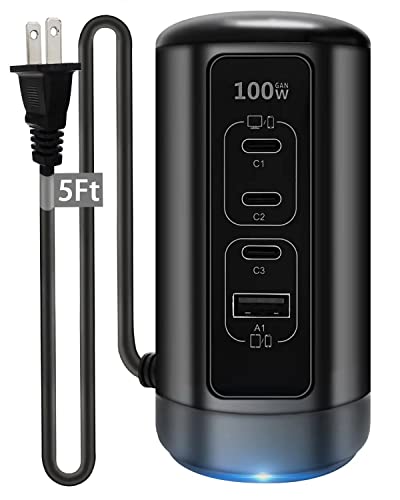 100W USB C Charger,4-Ports GaN Tower Charging Station for MacBook Pro/Air,iPad Pro/Air,iPhone 13/14 Pro/Max; Dell XPS 15,USB-C Laptop,Samsung Galaxy,Google Pixel,etc