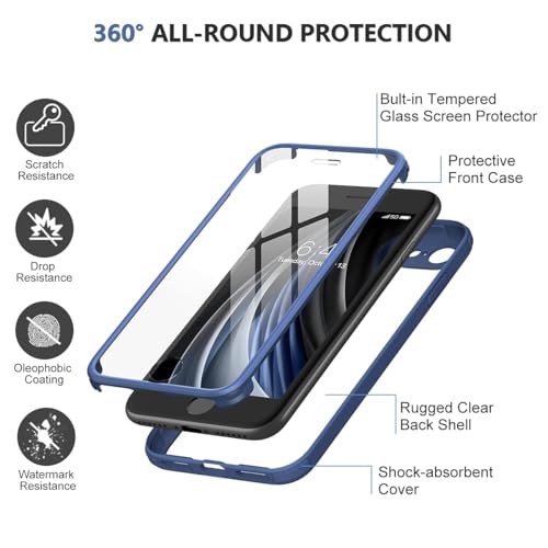 Image of Miracase for iPhone SE Phone Case 3rd /2nd Generation 2022 2020 Full-Body with Built-in Glass Screen Protector, Heavy Duty 360 Protective Shockproof Bumper Cover for iPhone 8 /SE, Blue