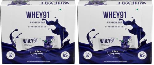 Image of Whey91 Blueberry Blast Protein Bar, 20g Protein & 7.3g Fiber in each, No Added Preservatives, No Artificial Flavour, 390g- (Pack of 12)