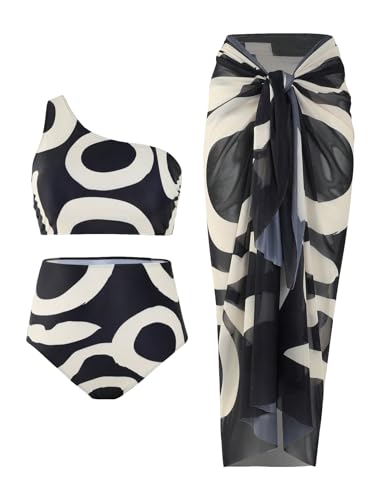 Floerns Women's Plus Size 3 Piece Bathing Suit One Shoulder Bikini Set with Cover Up