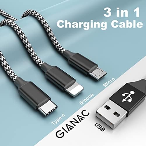 GIANAC Multi Charger Cable, 1.5M Nylon Braided 3 in 1Charging Cable with Micro USB Type C Lightning Multi Charger Connector for iPhone,Android Samsung, Nokia, LG, Kindle,Huawei