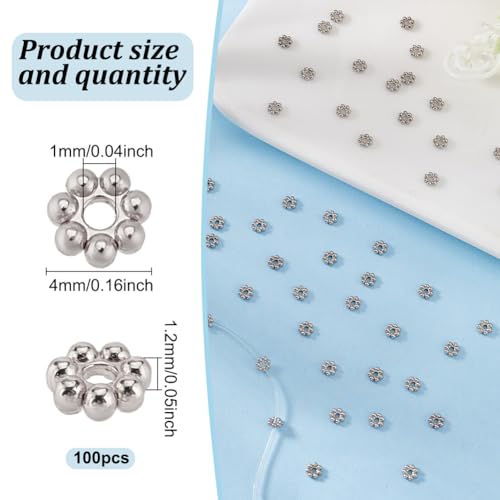 HOBBIESAY 100Pcs Stainless Steel Flower Beads 4mm Daisy Spacer Beads Metal Beads Silver Floral Beads Tibetan Style Floral Granulated Beads for DIY Bracelets Earring Necklace Jewelry Making - Image 2