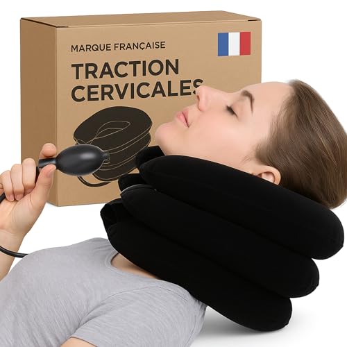Takit Coussin De Traction Cervicale Noir - Marque Française - pour Douleurs à la Tête, Cou, Cervicales, Épaules - Minerve Cervicale - Collier Cervicale - Taille Ajustable