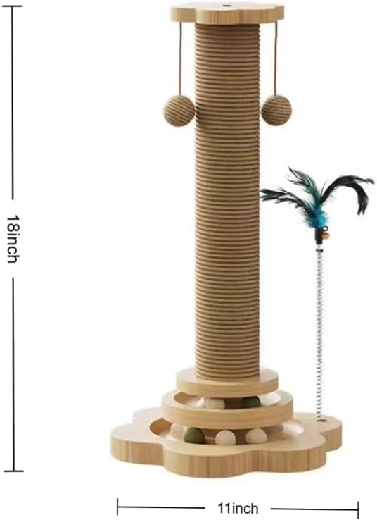 Cat Scratching Post, Interactive Feather Toy and 2 Sisal Hanging Balls for Indoor Kittens, Adult Cats- 18'' Height, 11'' Base, Natural Sisal Fiber & Sturdy Design.