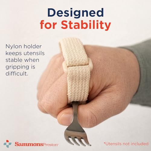 Image of Sammons Preston Utensil Holder for Neuropathy, Universal Hand Strap for Holding Utensils, Eating Assistance Cuff for Weak Grip & Limited Mobility, Size SmallMedium Measures 3 inch - 4 inch Across Knuckles