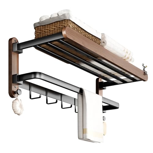 PUREBOX Towel Rack Holder 3-Tier Solid Wood with Shelf Foldable Wall Mount 24in Thickened Tube Holds 30lbs 7 Hooks No-Drill Adhesive or Screw Mount Aluminum Walnut for Bathroom Organization