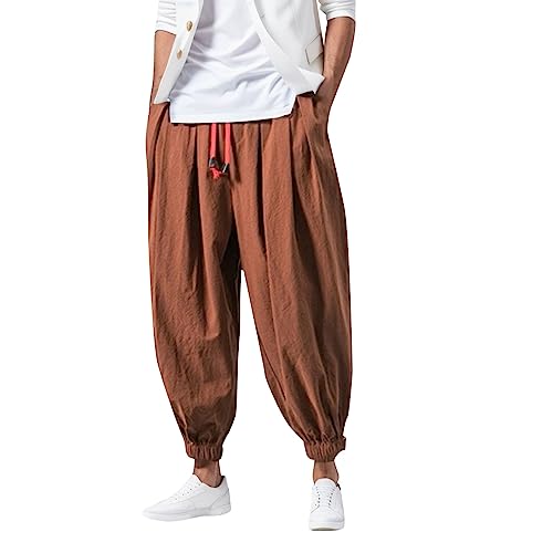 Bauzuoyo Pantalones harén para hombre de lino japonés, kimono con bolsillos, ligeros, yoga, pantalones de verano, hipper Aladin, tallas grandes, monocolor, goa, gótico, pirata, transpirable
